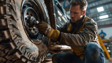 Wall Mural - Auto mechanic changing tire with wrench