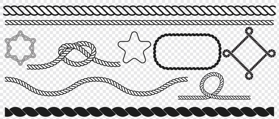 Wall Mural - Nautical rope knots and frames. Swaying black nautical rope border. Vector isolated on transparent background. eps 10.