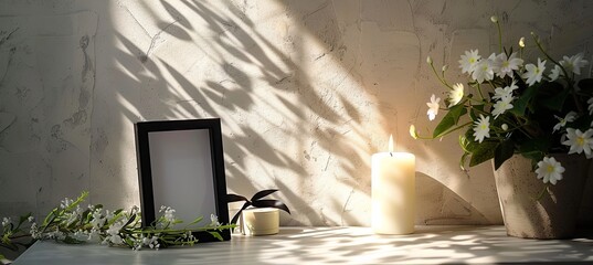 Wall Mural - Elegant Memorial Setup A dignified indoor memorial scene with a photo frame adorned with a black ribbon, a burning candle placed on a light grey table, and a wreath of plastic flowers near the wall.