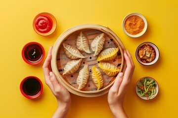 Canvas Print - Female hands holding a bamboo steamer basket filled with assorted steamed dumplings, accompanied by small bowls of dipping sauces. Yellow background.