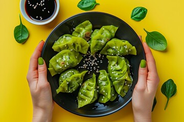 Wall Mural - Female hands holding a modern black plate with vibrant green vegan dumplings, served with a side of soy sauce and sesame seeds. Yellow background.