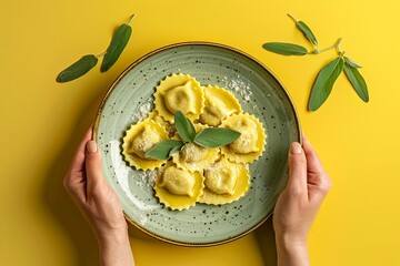 Wall Mural - Female hands holding an elegant plate with pumpkin ravioli, drizzled with brown butter and sage. Yellow background.