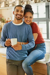 Poster - Portrait, home and couple with love, hug and smile with romance, happiness and bonding together. House, embrace and man with woman, cheerful and relationship with care, trust and marriage with peace