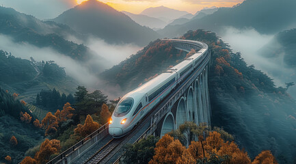 Wall Mural - China high speed railway Driving in the Mountains. Aerial high view. Generative AI.