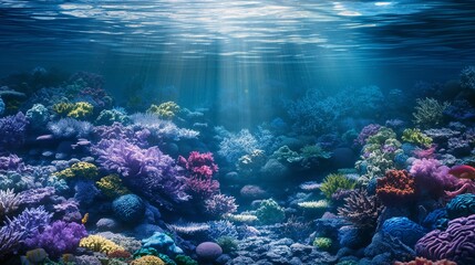 A surreal underwater scene, with vibrant coral reefs teeming with exotic marine life, illuminated by shafts of sunlight filtering through the crystal-clear ocean waters, creating a mesmerizing 