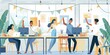 © Moonroad - Illustration of a lively office environment with diverse coworkers celebrating and working together, emphasizing teamwork and collaboration.