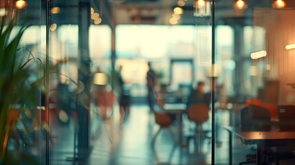 Poster - blurred office with people working behind glass wall