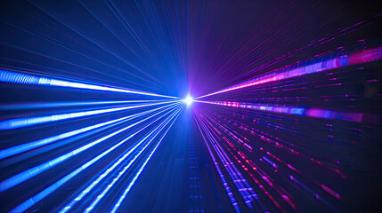 Sticker - Blue and violet beams of bright laser light shining on black background