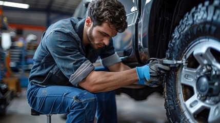 Wall Mural - Auto mechanic changing a tire in a repair shop.