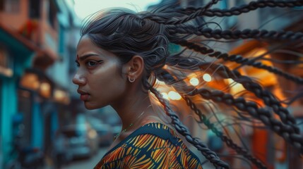 Cool Indian woman with flying braids on street