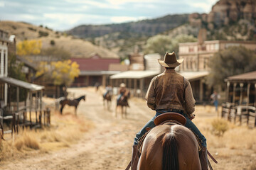 Wall Mural - Generative AI picture Portrait of wild west retro movie western city town with cowboys and cowgirls and horses