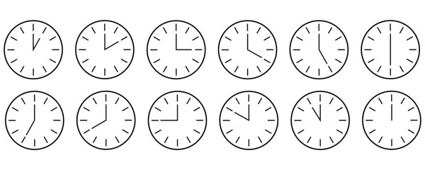 Set of clocks icon vector for every hour, linear style clock icon set, time and clock line icons isolated on white background.