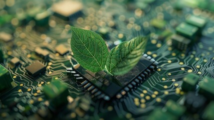 Poster - A detailed close up of a vibrant green leaf resting on a printed circuit board, showcasing the intricate patterns and textures.