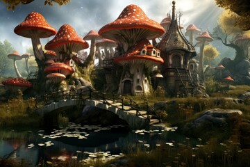 Wall Mural - Whimsical digital illustration of a fairytale mushroom village by a serene pond during sunset