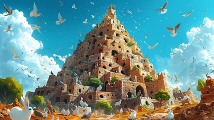 Visualize a colorful cartoon image showcasing the Tower of Babel surrounded by a bustling marketplace at its base, where merchants sell exotic goods