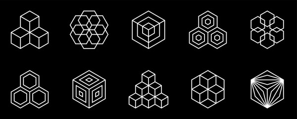 Wall Mural - Abstract Hexagonal Shapes.Set of Modern Geometric Hexagon and Cube Shapes, Icons, Symbols. Abstract Design Elements for Logo Design and Patterns