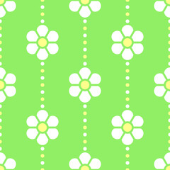 Wall Mural - White and yellow stylized flowers on geen dotted background. Vector seamless pattern. 