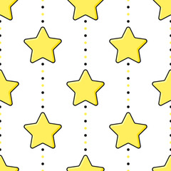 Wall Mural - Yellow stars with black outline on dotted white background. Vector seamless pattern.
