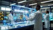© Naeem - A futuristic lab with scientists working on a transparent touch screen, displaying a digital blueprint of a revolutionary new product, symbolizing innovation,