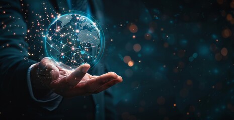 A businessman holds a digital sphere with a network connection and data in his hand, depicting a global technology concept for online business against a dark background Generative AI