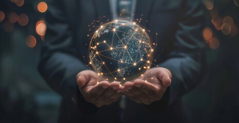 Wall Mural - Businessman holding digital sphere with network connections on dark background, symbolizing global connectivity and technology in the style of business exchange concept Generative AI