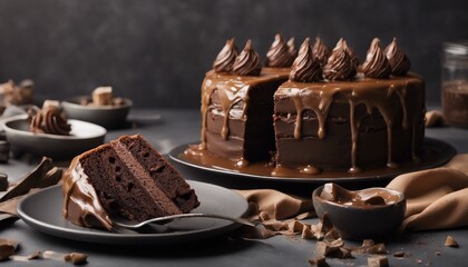 A tempting chocolate cake with fudge frosting on a black plate sits on a table. Caramel drizzled. Nearby are bowls with ingredients or other food items.