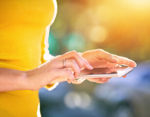 Poster - Outdoor, hands or person with smartphone for typing, chat and browsing online on social media. Bokeh, cellphone and girl scrolling with internet, technology and connection for networking with contact