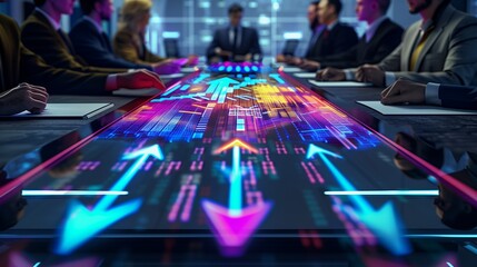 Wall Mural - An executive boardroom with a futuristic touchscreen table displaying a vibrant business graph with arrows showing profit increases, surrounded by focused businesspeople,