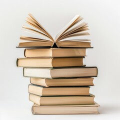 Wall Mural - A stack of books with an open book on a white background, depicting a copy space concept. The open book