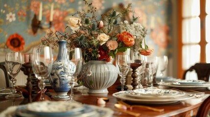 Wall Mural - decorative elements on the dining table, such as vases with fresh flowers, candles or ceramic bowls generative ai