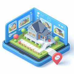 Wall Mural - 3D Flat Icons Virtual Home Tour: Convenient Online Property Viewing for Buyers   Cartoon Style Emphasizing Accessibility and Convenience