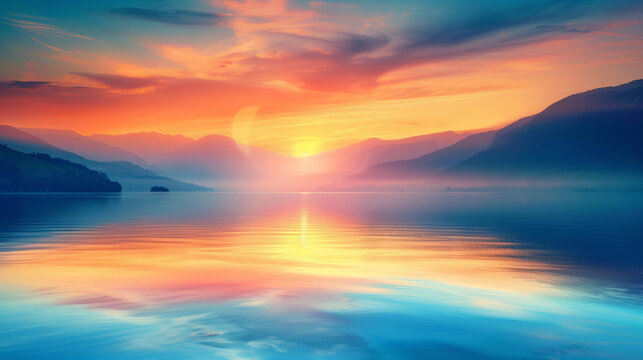 A serene landscape with a colorful sunrise over a calm lake open water