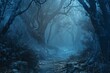 © Livinskiy - Eerie misty forest at night: enchanting haunted woodland with desolate woods and trail. Dreary scenery in enigmatic fairy story realm. Idea of imagination, wilderness, fear, signage, haze
