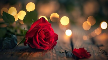 Wall Mural - Red roses on a wooden table with bokeh lights in the background ,Red roses on a wooden table with bokeh lights in the background