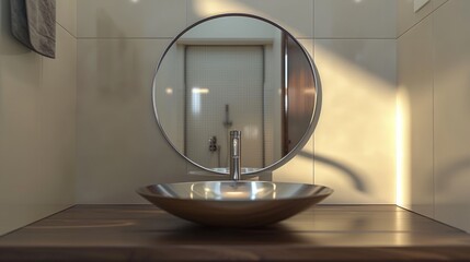 Wall Mural - round mirror in the composition to contextualize the sink and countertop. generative ai