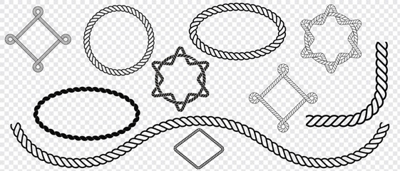 Nautical rope knots and frames. Swaying black nautical rope border. Vector isolated on transparent background. eps 10.