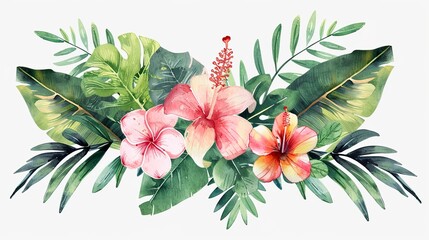 Wall Mural - Bouquets greeting or wedding card decoration, Watercolor of Tropical spring floral green leaves and flowers elements ,floral background with tropical flowers