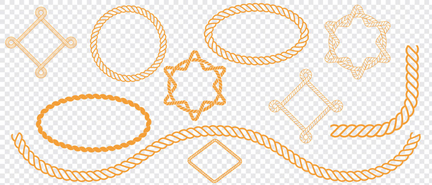 Nautical rope knots and frames. Swaying yellow  nautical rope border. Vector isolated on transparent background. eps 10.