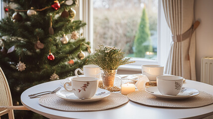 Wall Mural - Christmas holiday family breakfast, table setting decor and festive tablescape, English country and home styling inspiration