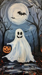 Wall Mural - a painting of a white flowy sheet ghost with 2 painted black oval vertical eyes outside at night trick or treating, full moon, dressed up as a vampire wearing a cape