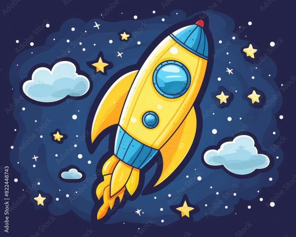 Cartoon rocket ship flying through a starry night sky with clouds ...