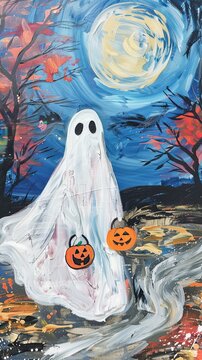 a painting of a white flowy sheet ghost with 2 painted black oval vertical eyes outside at night trick or treating, full moon, dressed up as a vampire wearing a cape