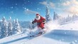 © NeuralStudio - Abstract background with Santa Claus in sport goggle skiing in snowy downhill ride at forest slope. Active Christmas celebration at ski resort. Header illustration for banner design. Generative AI.