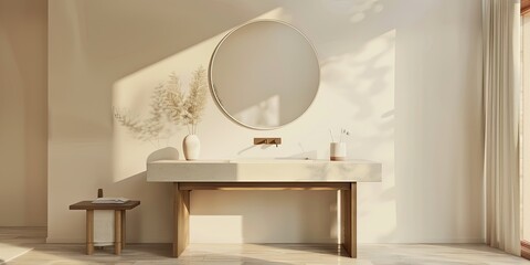 Wall Mural - Color photo of a modern minimalist-style vanity table, featuring a simple and elegant color scheme, showcased in a captivating frontal view.