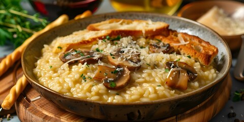 Wall Mural - Delicious Italian Risotto with Sautéed Mushrooms, Parmesan Breadsticks, and Wine. Concept Italian Cuisine, Risotto Recipe, Sautéed Mushrooms, Parmesan Breadsticks, Wine Pairing