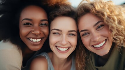 Wall Mural - A close-up photo of three diverse female friends with infectious smiles, their eyes sparkling with joy.