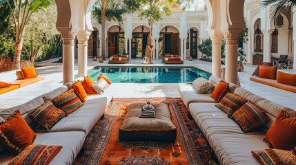 Summer pool area, showing the poolside lounge with the sofa with cushions with oriental, Arabic or Turkish fringes. generative ai