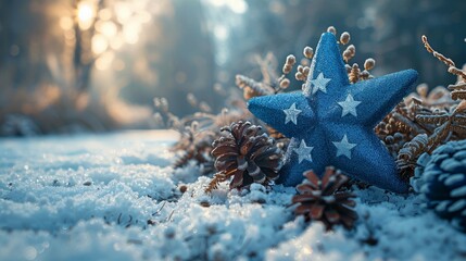 Winter decoration with a blue star and snowflakes on a snowy landscape background 