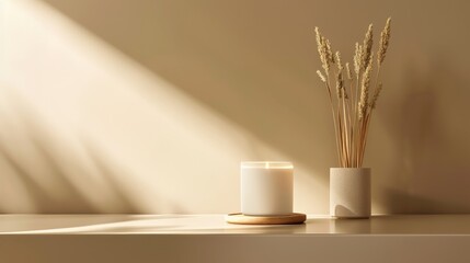 Wall Mural - A white candle sits on a wooden base next to a vase of dried grass