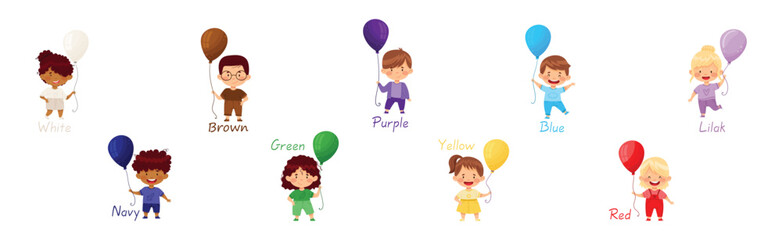 Wall Mural - Cheerful Kids Holding Balloons of Different Colors Vector Set